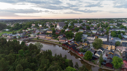 Fototapeta premium Beautiful view from above of city Porvoo at sunset. Summer day. FInland