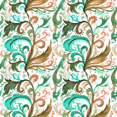 Hand drawn abstract watercolor seamless pattern with color floral ornament, curls, wavy lines, doodles