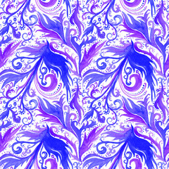 Hand drawn abstract watercolor seamless pattern with floral ornament, wavy lines, doodles