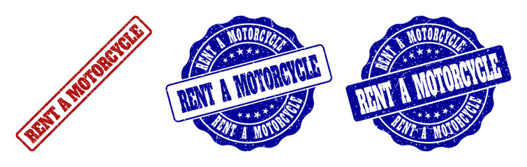 RENT A MOTORCYCLE scratched stamp seals in red and blue colors. Vector RENT A MOTORCYCLE signs with grainy texture. Graphic elements are rounded rectangles, rosettes, circles and text captions.