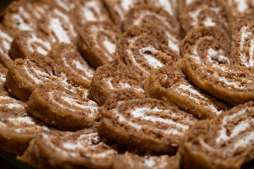 Christmas yule log, buckwheat dough and cream filling