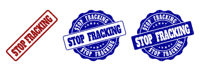 Obraz premium STOP FRACKING scratched stamp seals in red and blue colors. Vector STOP FRACKING signs with dirty effect. Graphic elements are rounded rectangles, rosettes, circles and text tags.