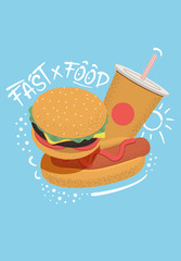 Fast food concept illustration with hand drawing lettering and doodles  for menu, banner or flyer. Vector illustration