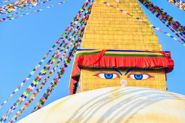 Wisdom Eyes of Buddha on Boudhanath Stupa in Kathmandu City, Nepal