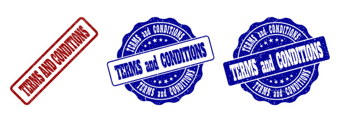 TERMS AND CONDITIONS grunge stamp seals in red and blue colors. Vector TERMS AND CONDITIONS labels with grainy style. Graphic elements are rounded rectangles, rosettes, circles and text labels.