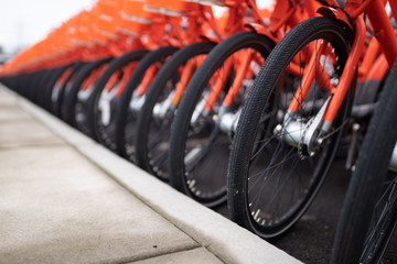 Rows of orange bikes parked next to each other.