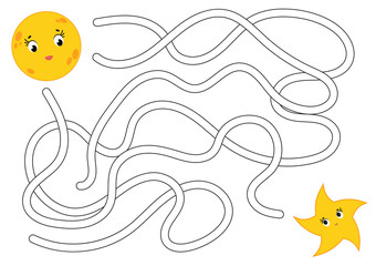 Color abstract maze. Help the moon to reach the star. Kids worksheets. Activity page. Game puzzle for children. Cartoon style. Labyrinth conundrum. Vector illustration.