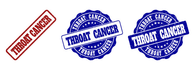 THROAT CANCER grunge stamp seals in red and blue colors. Vector THROAT CANCER labels with grunge style. Graphic elements are rounded rectangles, rosettes, circles and text titles.