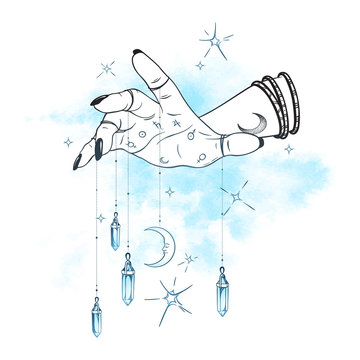 Female hand with gem pendants and moon hand drawn vector illustration. Boho chic astrology tattoo, poster, tapestry or altar veil print design.