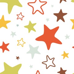 Fototapeta na wymiar Seamless vector pattern with large colored stars of various sizes on white background. Childish background for postcards, wallpaper, papers, textiles, bed linen, tissue 1.1