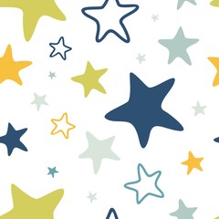 Seamless vector pattern with large colored stars of various sizes on white background. Childish background for postcards, wallpaper, papers, textiles, bed linen, tissue 2.1