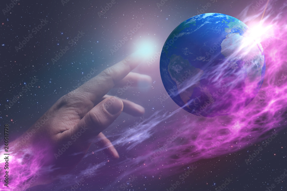 Poster touching planet with finger and nebula dust. mixed media.
