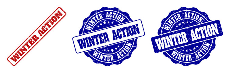 WINTER ACTION grunge stamp seals in red and blue colors. Vector WINTER ACTION overlays with grunge effect. Graphic elements are rounded rectangles, rosettes, circles and text titles.