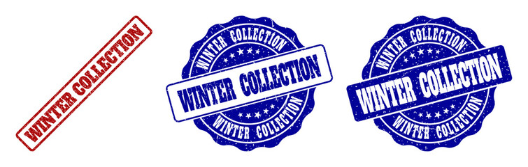 WINTER COLLECTION grunge stamp seals in red and blue colors. Vector WINTER COLLECTION signs with grunge style. Graphic elements are rounded rectangles, rosettes, circles and text captions.