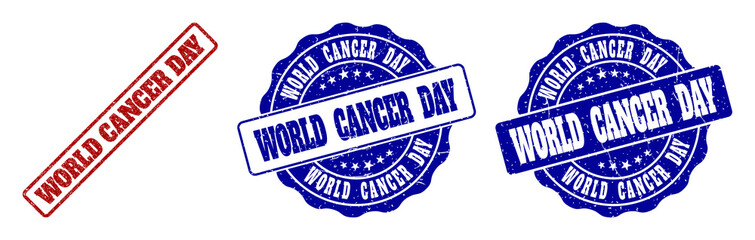 WORLD CANCER DAY grunge stamp seals in red and blue colors. Vector WORLD CANCER DAY signs with grunge effect. Graphic elements are rounded rectangles, rosettes, circles and text tags.