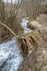 ice on winter creek with soil
