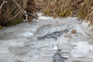 ice on winter creek with soil and gras