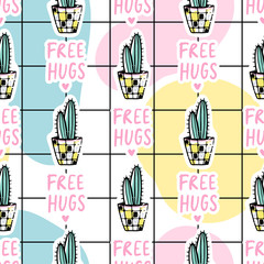 Vector hand drawn seamless pattern with cute cactus and abstract elements.