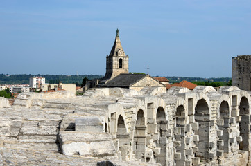 Arles, France - April 29 / 2018 : The view from the upper archs of Arles Amphitheatre 