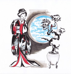 Girl in Japanese kimono playing the flute. Sketch markers.
