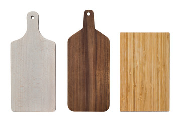 Three chopping kitchen wooden boards isolated on white background