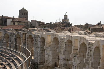 Arles, France - April 29 / 2018 : The view from the upper archs of Arles Amphitheatre 