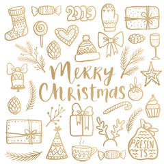 Golden Christmas line art set. Merry Christmas and Happy New Year