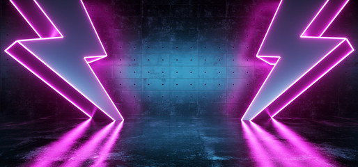 Obraz premium Neon Purple Glowing Futuristic Sci Fi Modern Lightning Bolt High Voltage Shapes In Dark Concrete Reflective Grunge Room Empty Space For Text Symbol Background 3D Rendering
