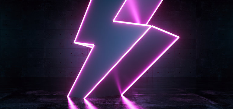 Neon Purple Glowing Futuristic Sci Fi Modern Lightning Bolt High Voltage Shape In Dark Concrete Reflective Grunge Room Empty Space For Text Symbol Background 3d Rendering Stock Illustration Adobe Stock