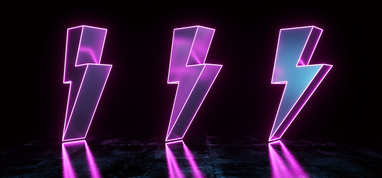 Neon Purple Glowing Futuristic Sci Fi Modern Lightning Bolt High Voltage Shapes In Dark Concrete Reflective Grunge Room Empty Space For Text Symbol Background 3D Rendering