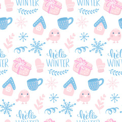 Vector winter seamless pattern. Cute background with holiday symbols.