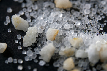 Salt lakes in Portugal in the Algarve on the border with Spain and its product in close up 