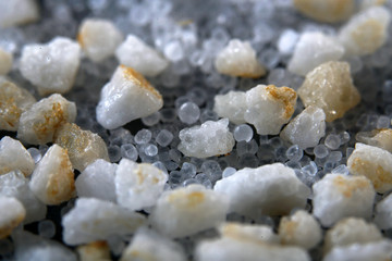Salt lakes in Portugal in the Algarve on the border with Spain and its product in close up 