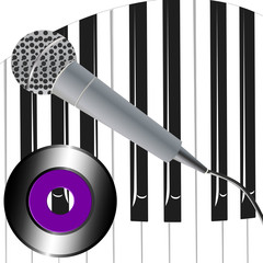 record and microphone on piano keyboard background