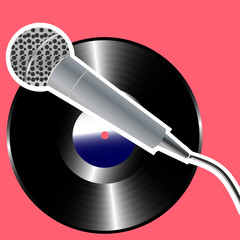 record and microphone on pink background