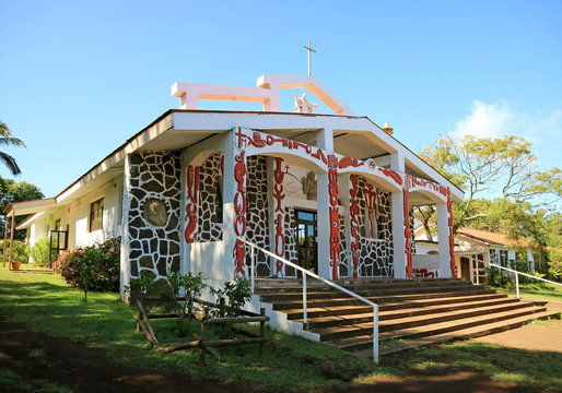 Church of the Holy Cross or Hanga Roa Church, the Only one Catholic Church on the Island, Located on the Te Pito Te Henua Street in the city of Hanga Roa, Easter Island of Chile