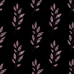 Fototapeta na wymiar Violet glitter, floral element on black background