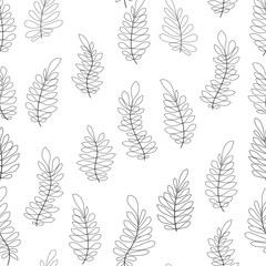 Vector flower black-white pattern. Seamless botanic texture, detailed flowers illustrations. Floral pattern in doodle style, spring floral background.