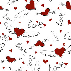 Hand drawn doodle love seamless pattern for wedding, Valentine's Day wallpaper, background design. Vector illustration with red and black heart, love, arrow, lettering text. Hand drawn sketch style.