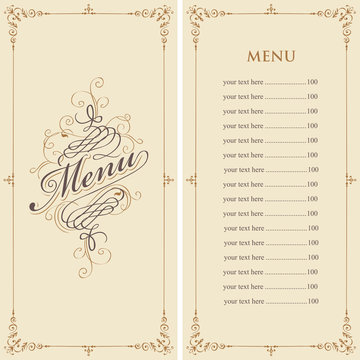 Vector menu for restaurant or cafe with a price list and a calligraphic inscription in a figured frame with curls in the Baroque style on the beige background.