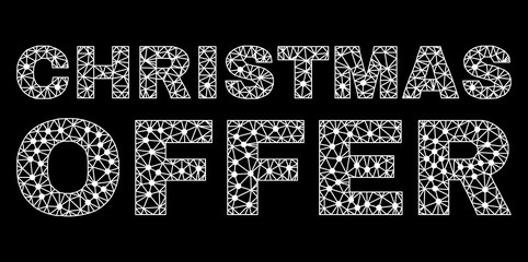 Naklejka premium Mesh Christmas Offer polygonal text isolated on a black background. Christmas Offer label of wire frame build with lines and dots. Letters are triangulated and has white color.