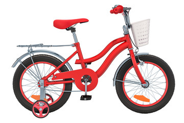 Kids Bicycle with training wheels and basket, red color. 3D rendering