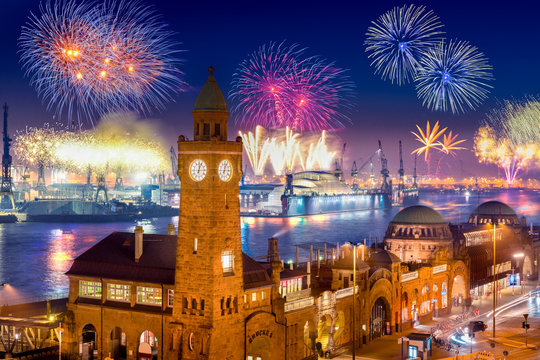 Fireworks in Hamburg Harbor, Germany, at the pier "Landungsbruecken".