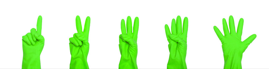 Signs made of green protective gloves. Fingers symbol one two three four five. Isolated on white. The concept of cleanliness and order.