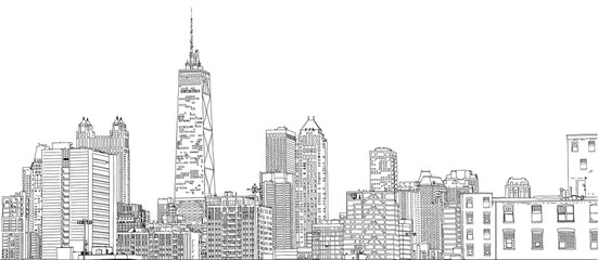 Hand drawn vector illustration. Close up of skyscrapers and buildings in the famous Chicago skyline. Detailed ink look.