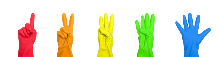 Fototapeta premium Signs made of rainbow protective gloves. Fingers symbol one two three four five. Isolated on white. The concept of cleanliness and order.