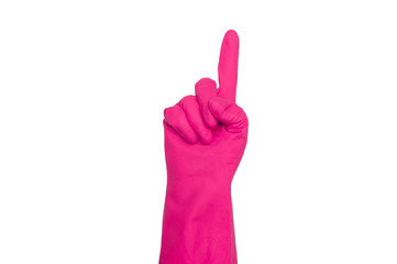 Obraz premium Signs made of pink protective gloves. Fingers symbol one. Isolated on white. The concept of cleanliness and order.