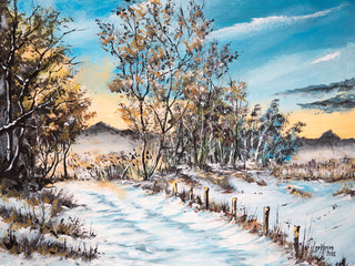 winterlandschaft als Acrylbild, Ölbild mit Schnee und Bäumen in schneebedeckter winterlichen...
