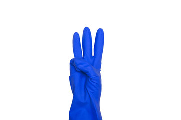 Signs made of blue protective gloves. Fingers symbol three. Isolated on white. The concept of cleanliness and order.