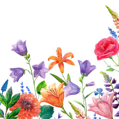 Watercolor pattern with colorful flowers for textile,wallpaper design.Rose,bluebells,lupine,lily.
